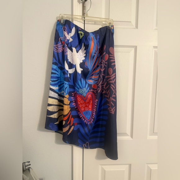 Blue Asymmetrical Frida Kahlo Midi Satin Summer Skirt - Picture 2 of 5